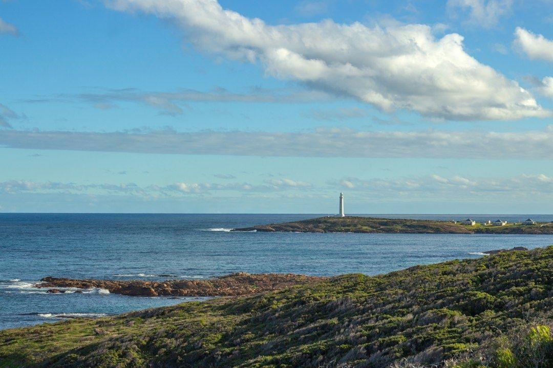 Littoral de la baie avec phare, rochers et végétation côtière